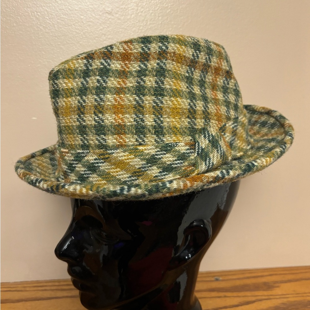 Vintage Plaid Stetson Fedora Hat in Green, Orange and Yellow